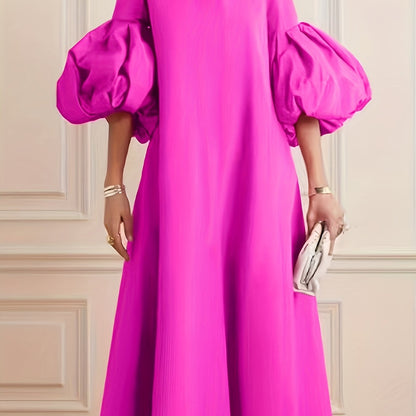 Women's Elegant A-Line Dress with Lantern Sleeves - High Neck Sleeve Solid Color Machine Washable Spring Summer Fall Casual & Formal Wear, Maxi Dress with Sleeves, Seasonal Wardrobe, Lightweight Material, Stylish Women