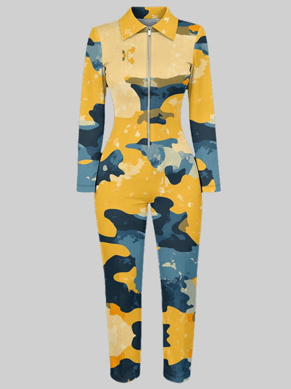 Ladies' Four-season Long-sleeved Sexy Jumpsuit, Front Zipper Design, Light Style, Fashionable Full-print, Perfect for Daily Outings and Casual Wear, Fashionable and Sexy Outfit