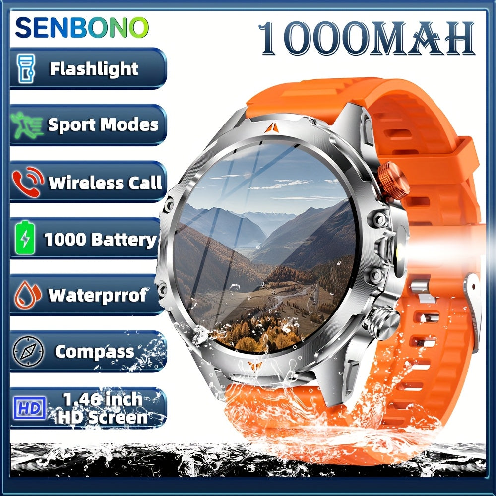 SENBONO Men‘s Smart Watch with 1000mAh Large Battery, 60Days+ Standby Time, 100+ Sports Modes, Wireless Calling, Strong LED Flashlight & Compass, 1.46inch HD Display, 360*360 Resolution, USB Rechargeable, Smart Watch for Me