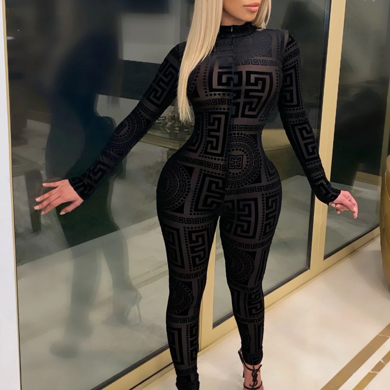Women's Sexy Sheer Mesh Jumpsuit - Long Sleeve High Neck Bodysuit - Semi-Sheer Transparent Outfit (S-XXL) - Machine Washable All-Season Wear for Parties - Fashion Events - Tight-Fitting Lingerie Suit