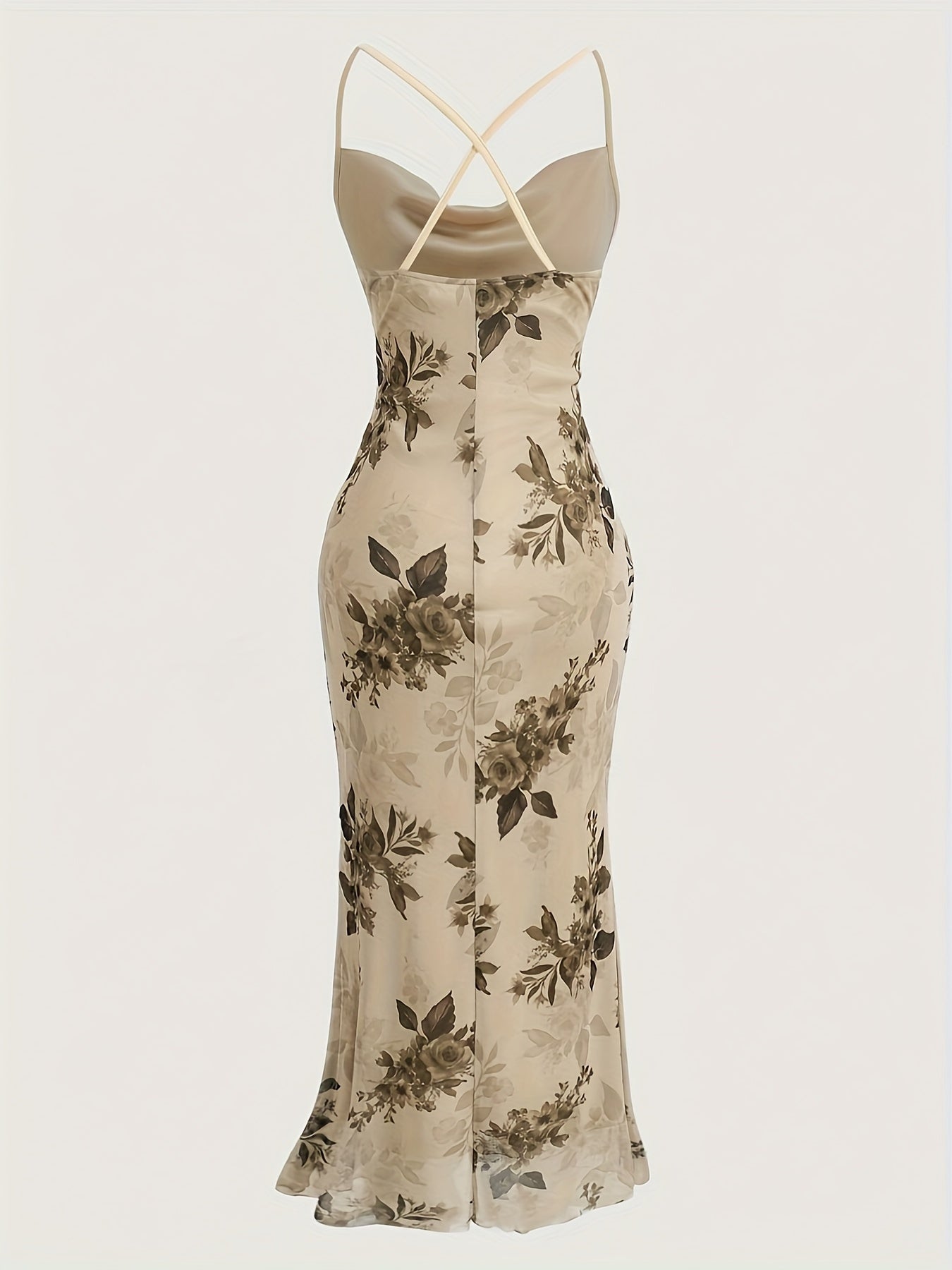 Vintage Elegant Cocktail Party Spaghetti Strap Printed Mesh Midi Dress for Women