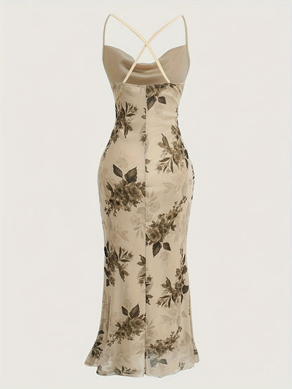 Vintage Elegant Cocktail Party Spaghetti Strap Printed Mesh Midi Dress for Women