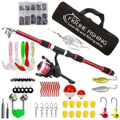 70.87inch Full Fishing Kit with Telescopic Rod, Spinning Reel, Baits, Hooks & Accessories - Red & Black, Medium-Light Power, Ambidextrous, Includes Tackle Box, Line, and Swivels for Freshwater & Saltwater Fishing, Fishing Gea