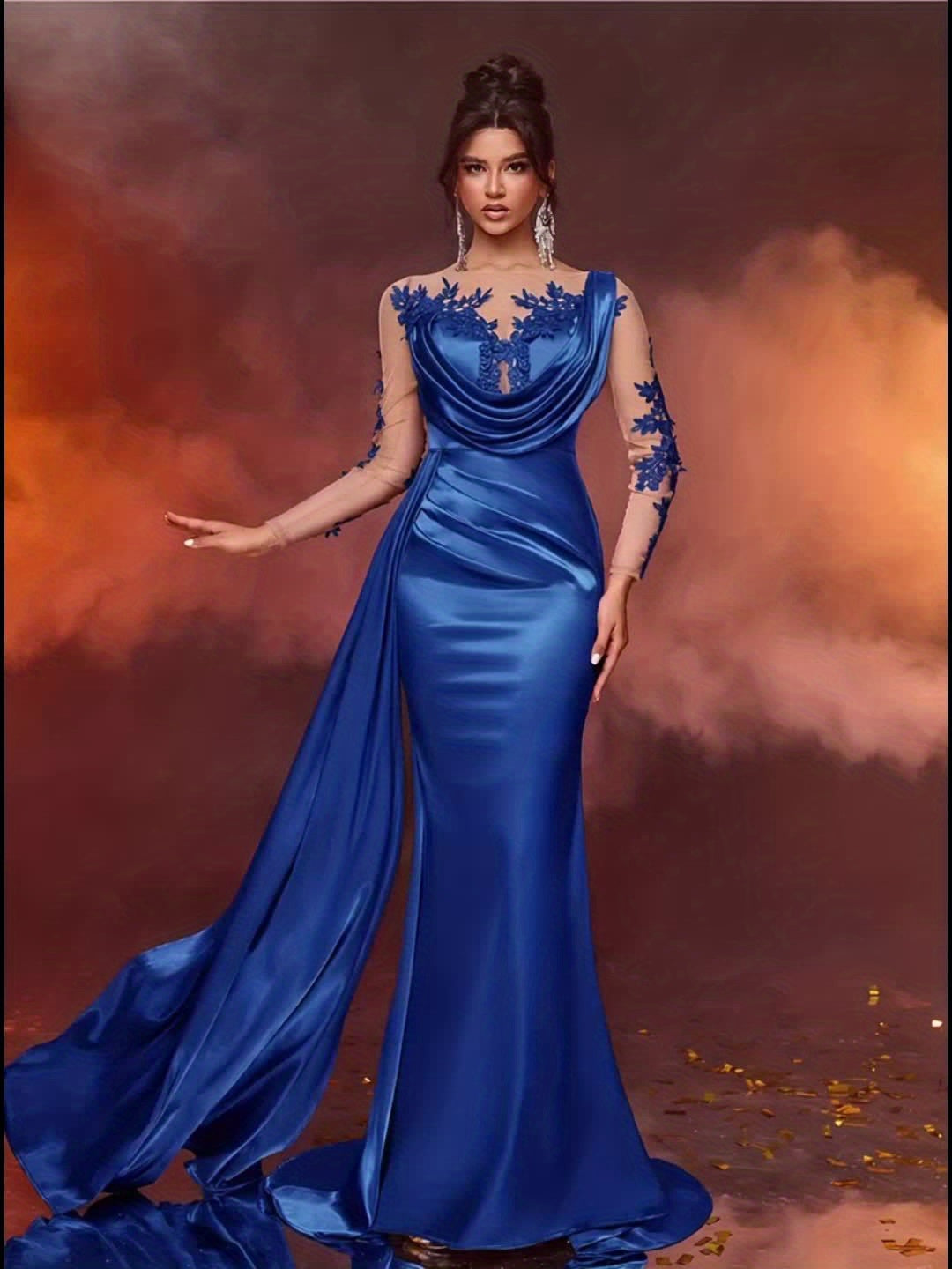 Elegant Long Ladies' Gown with Lace Detail | Solid Color, Contrast Mesh, Long Sleeve, Gown Hem, Ideal for Christmas, Birthday, Graduation, Travel