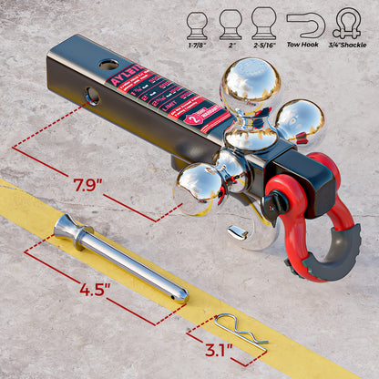 Ayleid Tri-Ball Trailer Hitch Mount with Rotatable Hook & Pin - Includes 3 Replaceable Balls (1-7/8", 2", 2-5/16") - Fits 2" Receiver for Secure Towing, Red Handle & Black Metal Construction