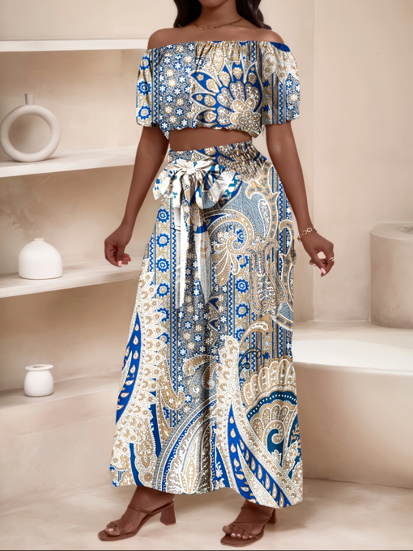 Summer Paisley Print Single Shoulder Bat Sleeve with Lace Edge Off Shoulder Short Top and Wide Leg Pants Set
