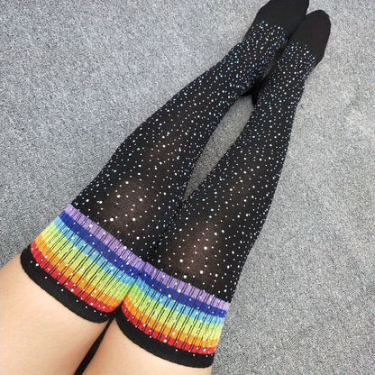 Sexy Cute Crystal Hot Diamond Knee Socks, Three-bar Striped Long Thigh-high Socks, Sparkling Party Stockings, Light Beige-friendly and Durable, Fashionable Leg Decoration Clothing, Suitable for Parties, Dates, Christmas, Hall