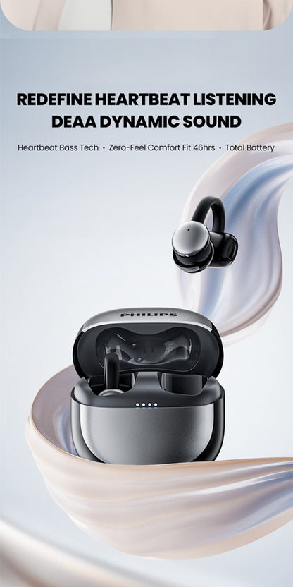 Philips True Wireless Bluetooth Headphones, Open Wireless Earbuds, Ear Clip Wireless Earbuds, for iPhone and Android, Comfortable to Wear, Bluetooth 5.4, 46 Hours of Playtime, Stereo Bass, LED Battery Display, ENC Dual Noise