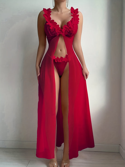 Women's Seduction Night 3D Floral Lace Lingerie Dress Nightgown Set + Thong, Intimate Apparel, Bedroom Attire, Lace Trim, Feminine Design, Breathable Fabric, Hand Wash Only, Matching Set, Sleepwear Combo, Romantic Wear, Boudo