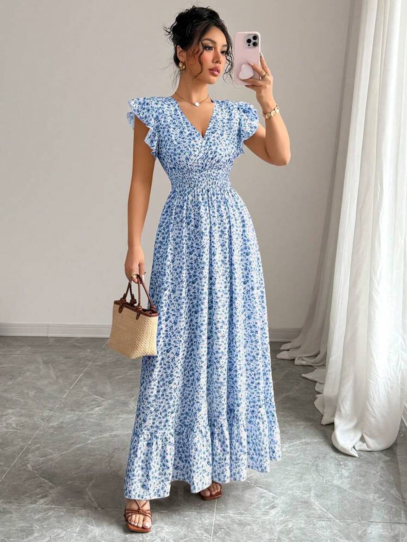 Blue Floral Dress with Digital Printing
