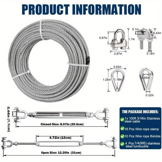 100ft 3 16 Wire Rope Kit Stainless Steel Cable with 4pcs 1 4 Turnbuckle Clamp and Thimble 3700lbs Breaking Strength 7x19 Strands Heavy Duty Cable for Zipline Deck Railing Trailers