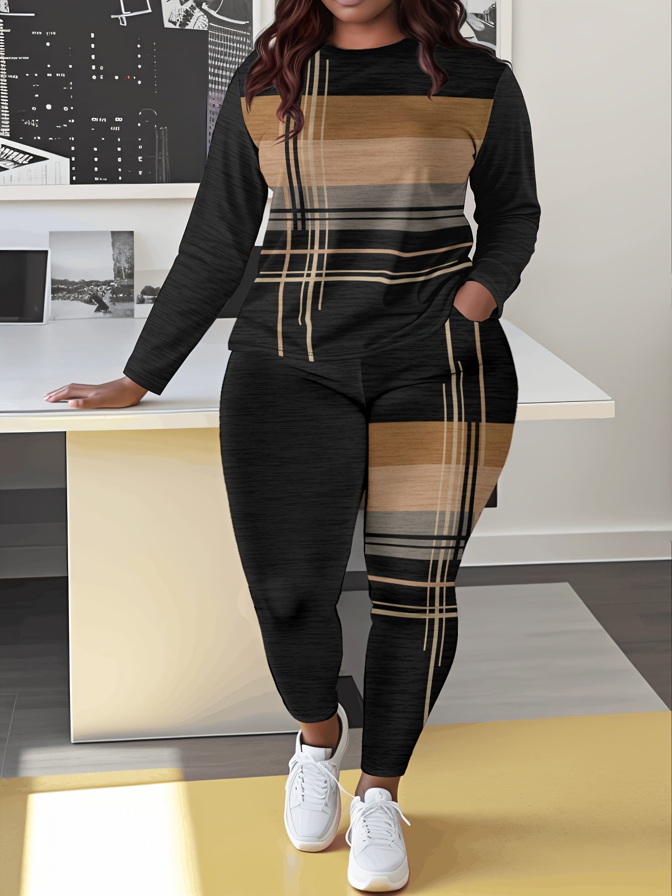 Women'S Casual Striped Print Long Sleeve Crew Neck Jumpsuit with Pockets, 100% Polyester Fabric, Slight Stretch Pullovers, Fashion Lash Sets for Everyday Wear
