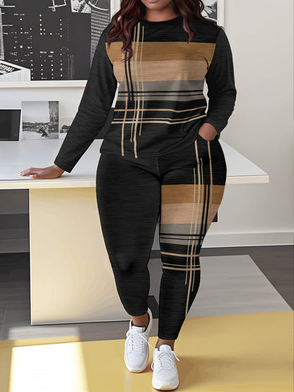 Women'S Casual Striped Print Long Sleeve Crew Neck Jumpsuit with Pockets, 100% Polyester Fabric, Slight Stretch Pullovers, Fashion Lash Sets for Everyday Wear