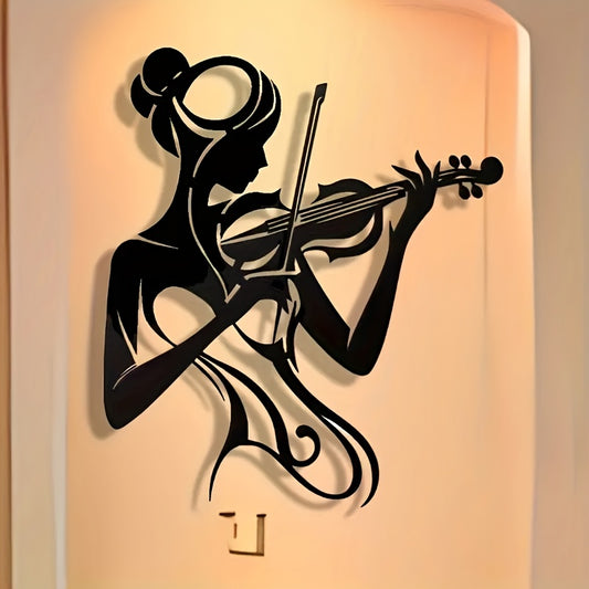 Elegant Violin Girl Metal Wall Art - Vintage Style Black Silhouette Decor for Home, Office, Cafe - Ideal Gift for Music Lovers & Violinists