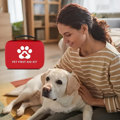 101pcs Pet First Aid Kit for Cats & Dogs - Portable Essentials with Scissors, Tweezers, Gauze Pads, Thermometer, Eye & Ear Cleaner, Care, CPR Guide, Poisonous Plants List, Emergency Numbers - Red Case for On-the-Go Pet Owners
