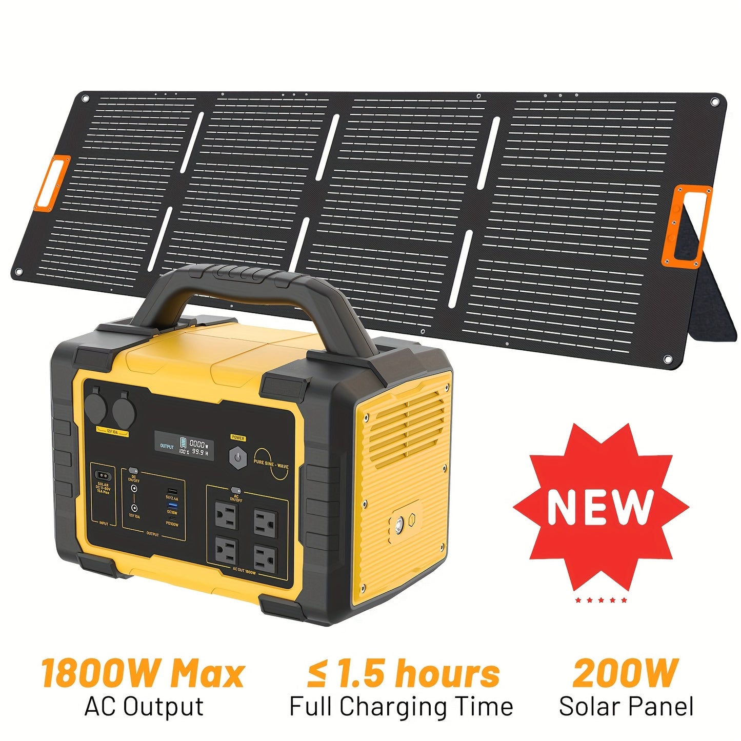 1800W Portable Power Station with 200W Solar Panel, 1024Wh LiFePO4 Battery & 1.2H Fast Charging, UPS Backup, 4 AC Outlets/100W USB-C - Solar Generator for Home, RV, Camping, Off-Grid Power, Lithium-Free Battery (Compatible wi