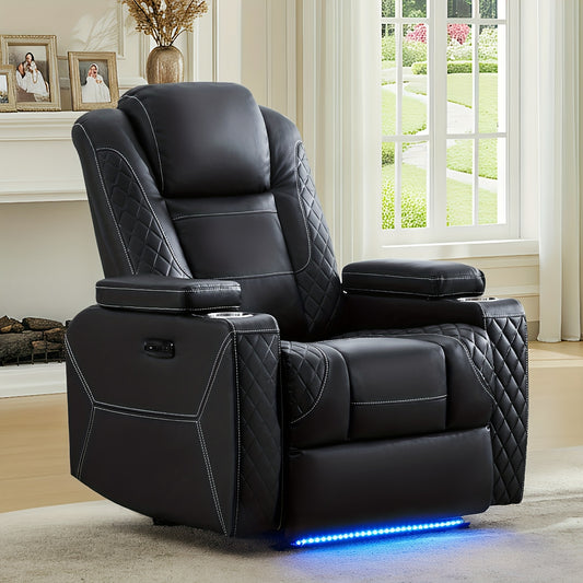 Power Recliner Sofa with Adjustable Headrest & LED Ambient Light & Hidden Storage & USB Ports for Living Room Home Theater