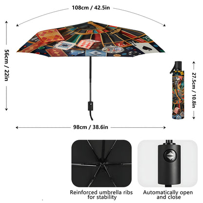 -Themed Poker & Roulette Umbrella with Poker & Card Symbols - Open/Close, 8-Rib Durable Frame, Portable Folding Umbrella for Poker Nights, Parties, Travel - Poker Chip Design  Accessory Gift for Men &