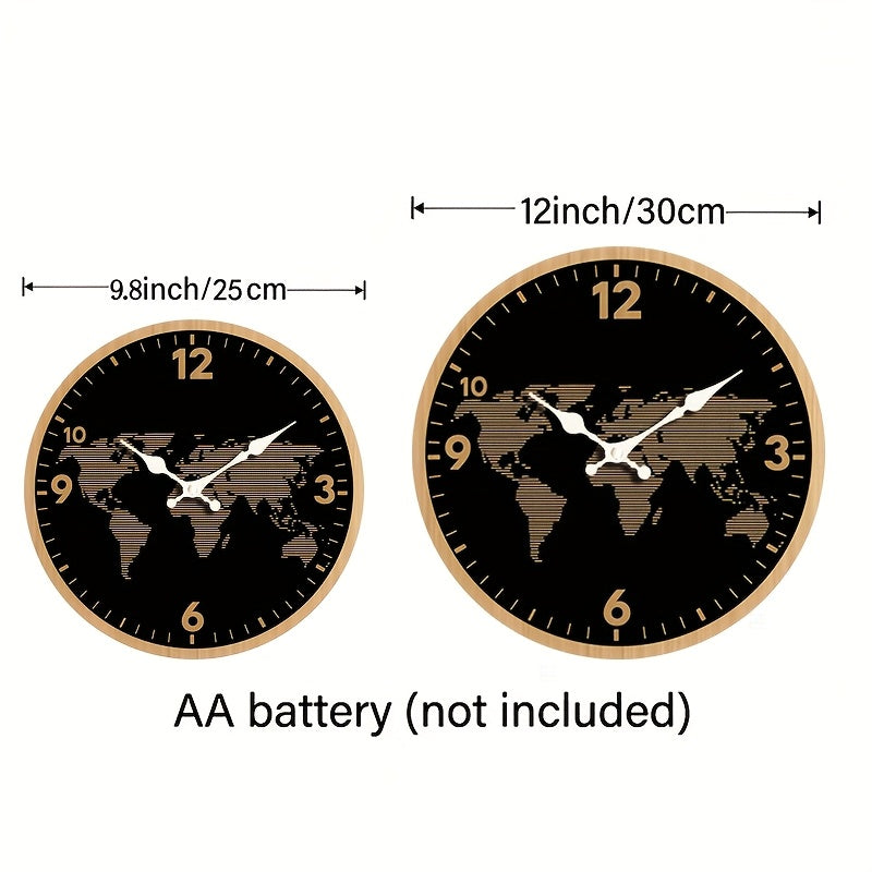 1pc Round Clock, World Map Themed Design Wall Clock, Silent Quartz Wooden Clock, Suitable for Bedroom Living Room Office Kitchen Bathroom, Battery Powered (Batteries Not Included)