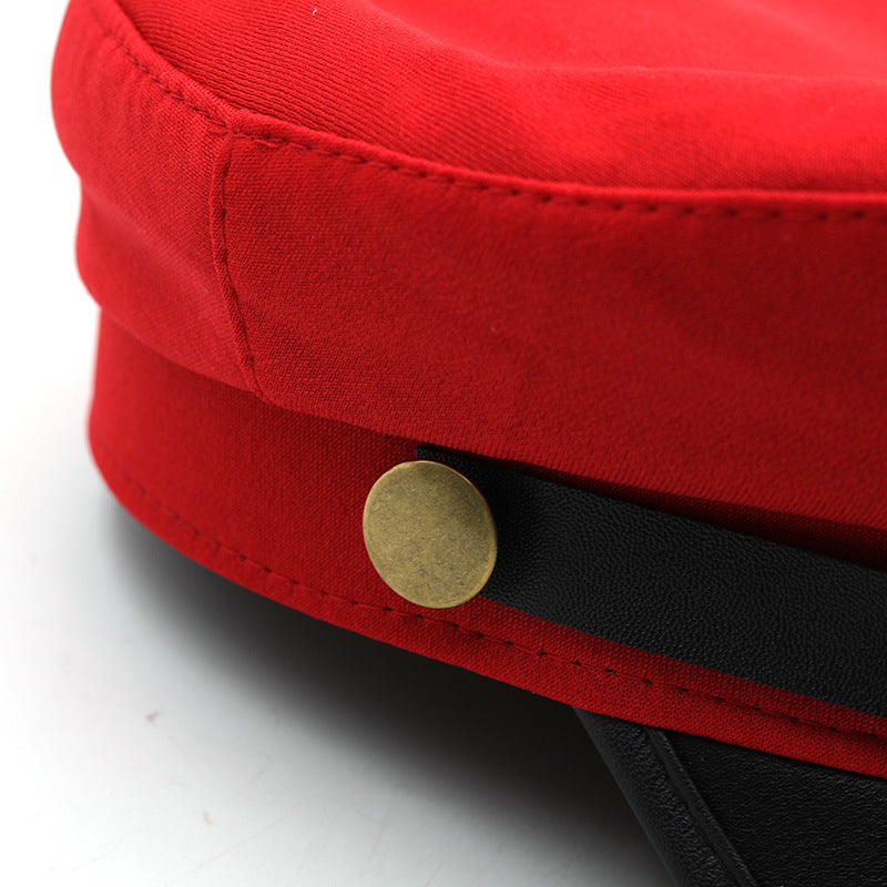 Women's Nautical Anchor Beret Hat - Red & Black Yacht with White Anchor Emblem, Adjustable Buckle Closure, Large Head Size for Face, All-Season Lightweight French-Style for Sailing, Parties & Maritime Events