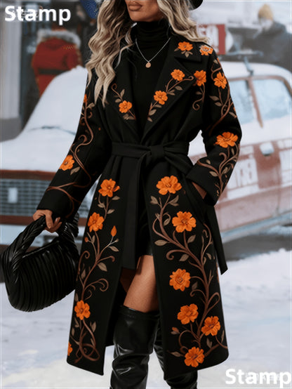 Fashionable And Elegant - Winter New Arrival - Women's Long Trench Coat - Warm And Simple - Double-Breasted Buttons With Belt - Featuring Floral Vine Print