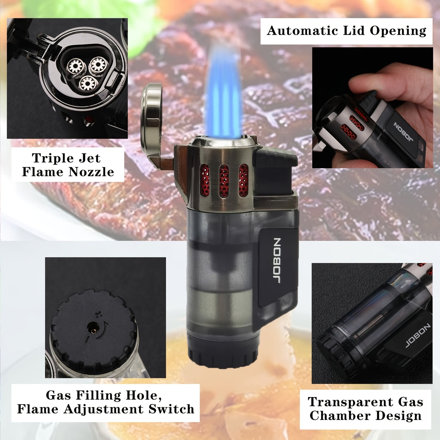 Gift Box Set, Straight Jet Spray Gun Blue Flame Lighter, Triple Jet Flame Butane Torch Lighter, Windproof Butane Refillable Gas Torch Lighter, Light Candles, Wood Chips, Charcoal Barbecue, Convenient to Carry, Visible Gas (ex