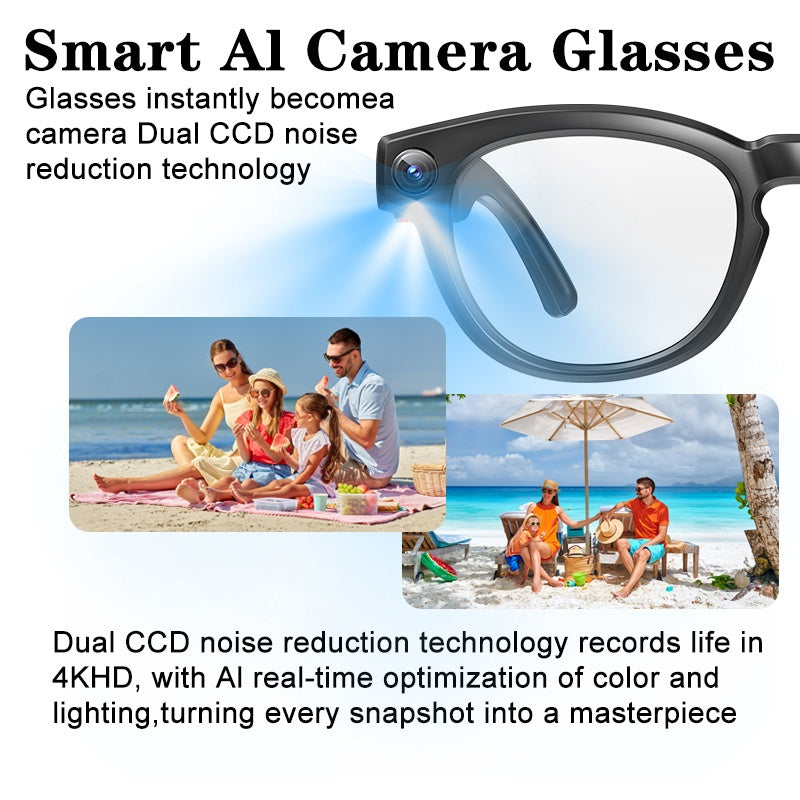 A New Hit - AI Smart Glasses with Touch And AI Chat Support. AI Intelligence, 800W HD, And Image Stabilization. Real-time Translation. Dual Microphones with Blue Light Protection And Noise Reduction. 4K HD Recording And Wirel