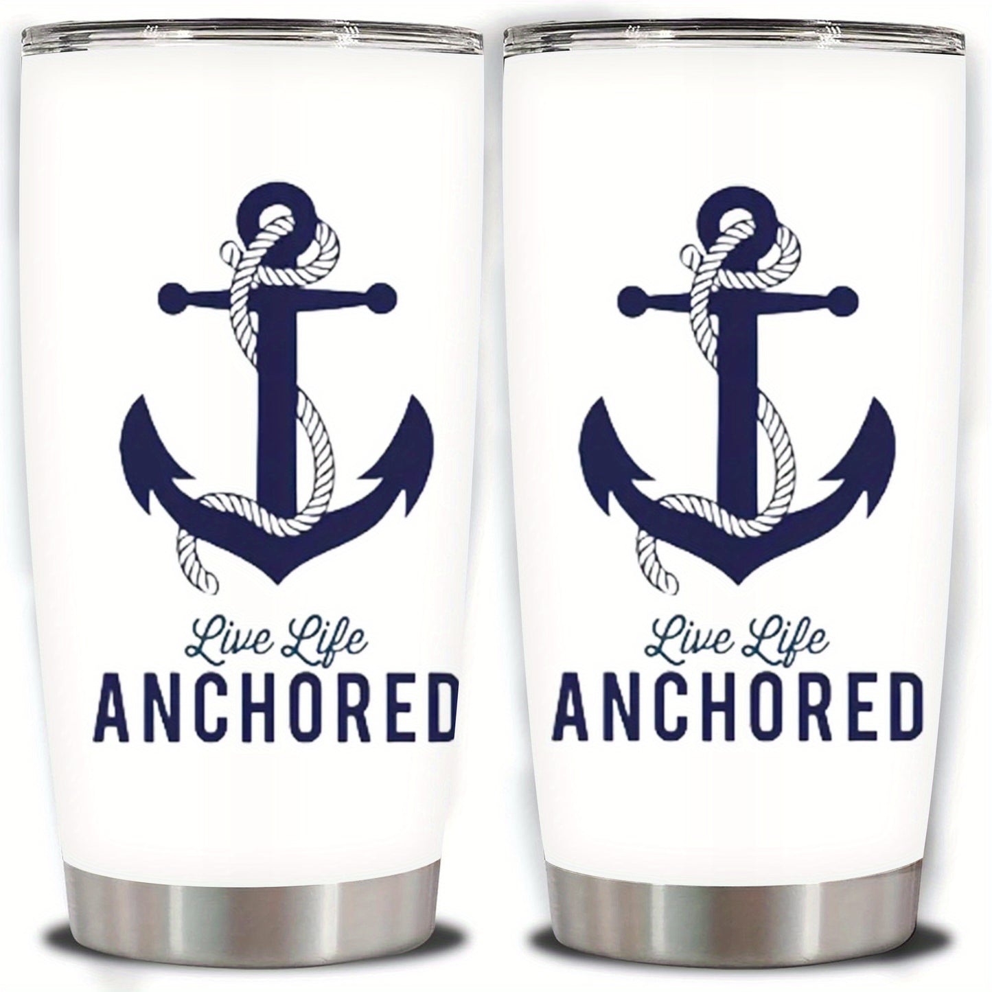 1pc 20oz Nautical Anchor Tumbler, Double Wall Vacuum Insulated Travel Mug with Spill-Proof Lid, Navy Blue Anchor & "Live Life Anchored" Design, Perfect Gift for Dad, Mom, Christmas, Birthdays, Office, Camping, Coffee Cup, Off