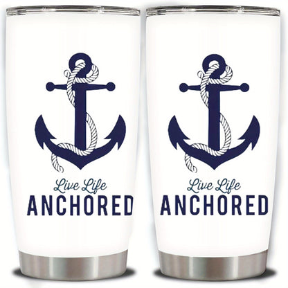 1pc 20oz Nautical Anchor Tumbler, Double Wall Vacuum Insulated Travel Mug with Spill-Proof Lid, Navy Blue Anchor & "Live Life Anchored" Design, Perfect Gift for Dad, Mom, Christmas, Birthdays, Office, Camping, Coffee Cup, Off