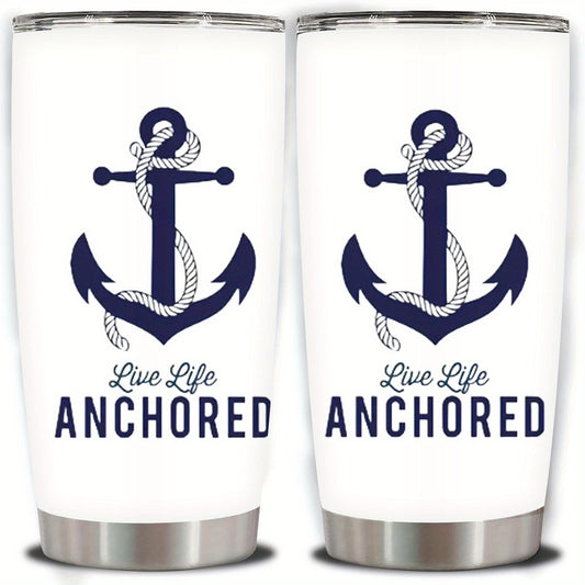 1pc 20oz Nautical Anchor Tumbler, Double Wall Vacuum Insulated Travel Mug with Spill-Proof Lid, Navy Blue Anchor & "Live Life Anchored" Design, Perfect Gift for Dad, Mom, Christmas, Birthdays, Office, Camping, Coffee Cup, Off