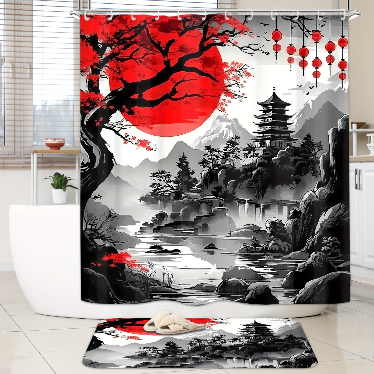 4pcs Japanese Cherry Blossom Mountain Landscape Shower Curtain Set, Black & Red Ink Wash Style with Sun, Tree, And Floral Design, Includes 12 Hooks, Toilet Lid Cover, Non-Slip U-Shaped Mat, Rugs, Traditional Asian Bathroom Ac