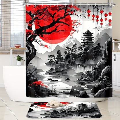 4pcs Japanese Cherry Blossom Mountain Landscape Shower Curtain Set, Black & Red Ink Wash Style with Sun, Tree, And Floral Design, Includes 12 Hooks, Toilet Lid Cover, Non-Slip U-Shaped Mat, Rugs, Traditional Asian Bathroom Ac