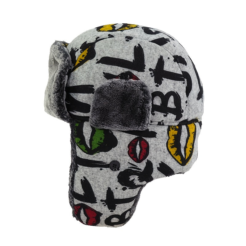 Unisex Winter Warm Beanie with Graffiti Lettering & Fur Ears - Enhanced Cold Protection, Ice-Safe for Cycling, iceskating, icy activities – Grey/Black Yellow Streetwear Style Easy to Maintain Hand wash / Dry Clean Unisex Au