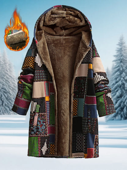 Women'S Cozy Fleece-Lined Hooded Jacket - Geometric Pattern Mid-Length Winter Coat with Pockets, Brown & Multicolor Design, Casual Style for Fall/Winter, Winter Coat