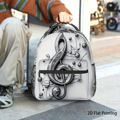 1pc Trendy Music Notes Printed Backpack - Durable 2D Flat Design with Studded Detail, Black & White, Perfect for School, Work, and Outdoor Activities, Backpack for School
