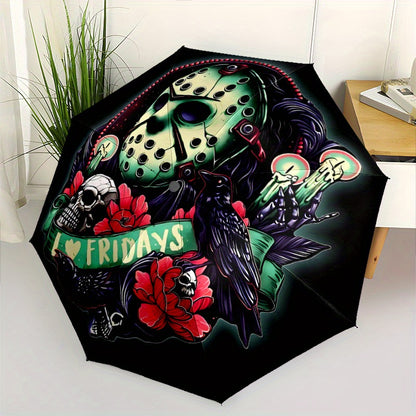 Jason Voorhees Inspired Automatic Folding Umbrella - Horror Movie Design with Jason, Friday the 13th, Halloween - Compact Travel Umbrella, Durable 8-Rib Shaft, Automatic Open/Close, Perfect Gift for Horror Fans & Jason Voorhe