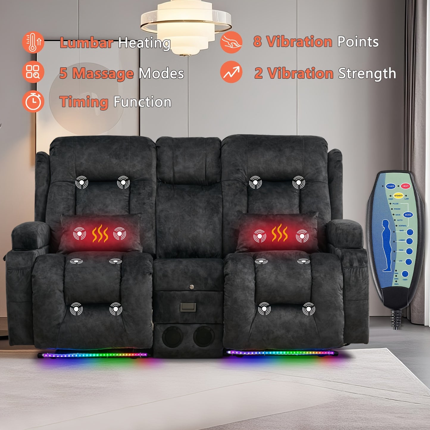 Power Loveseat Recliner Sofa, Home Theater Seating RV Couch with Massage and Heat, Flipped Backrest Console, LED Light, USB Outlets, Velvet