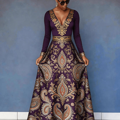 Flower Rich And Luxurious Flower Print Design Women's V-neck Dress with Waist Cinching And Shaping, And Casual Drape, Sexy Charm, Fresh Temperament, Commuting Trend, Elegant Long Skirt, Cocktail Party, High-end Occasion