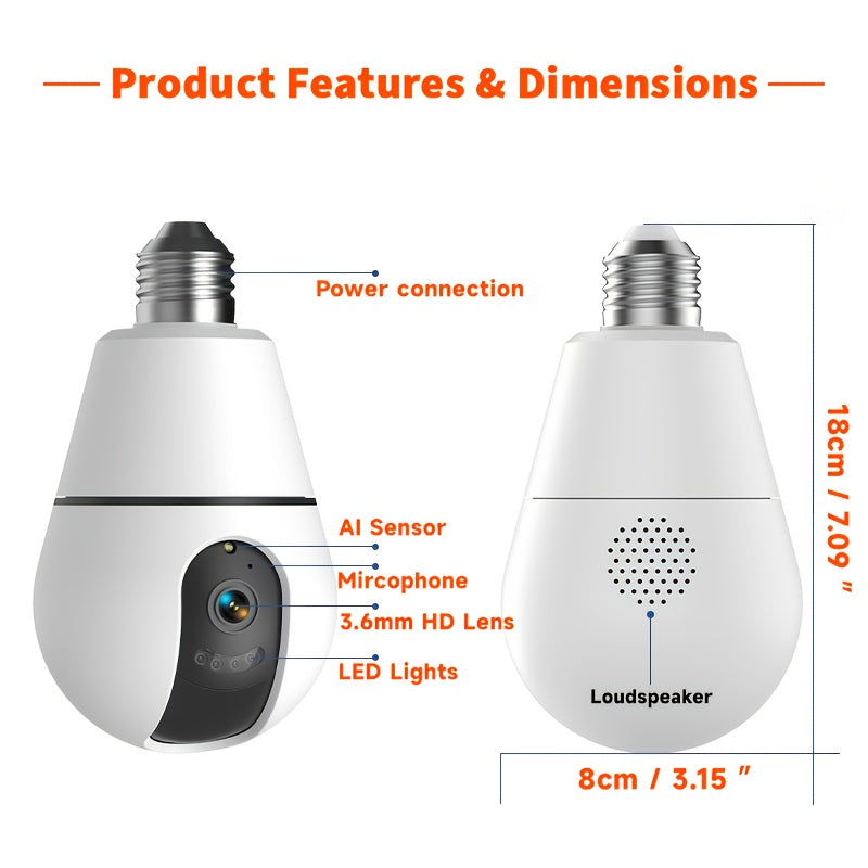 3MP Wireless Smart Light Bulb Security Camera, 2.4GHz/5G/WiFi, Connection, with 360° AI Motion Detection, 3.6mmHD Lens Full Color Night Vision, Automatic Tracking, Alarm System, Indoor, Home Security Solution, Wireless Secur