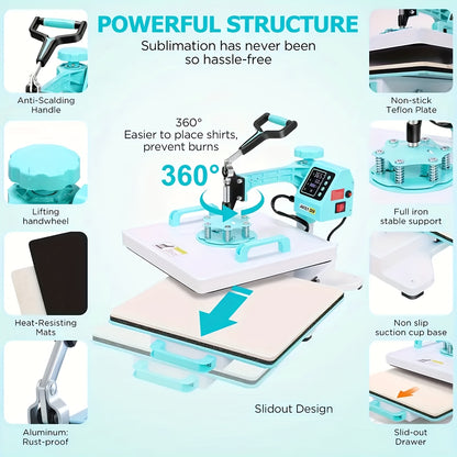 15"x15"/15"x12" - 8in 1/5in 1 Heat Press Combo, Rotatable Design, Multi-Size Transfer Professional Sublimation Kit, Suitable for T-Shirts, Bags, Pillows, Hats, Beanies, Rollers - Three-in-One Automatic Hat Press Only for Hats