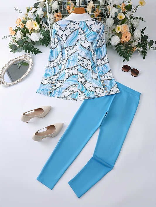 Gradient Printed - Blue Butterfly Marble Pattern - Leisure Suit Set