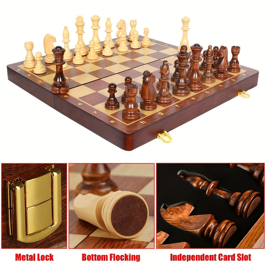 38.1cm X 38.1cm/15" X 15" Chess Solid Wood Large Premium Folding Set, Chess Pieces Solid Wood, Checkerboard Walnut, Internal Storage Box