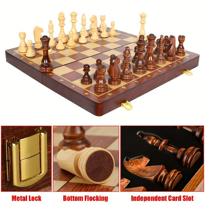 38.1cm X 38.1cm/15" X 15" Chess Solid Wood Large Premium Folding Set, Chess Pieces Solid Wood, Checkerboard Walnut, Internal Storage Box