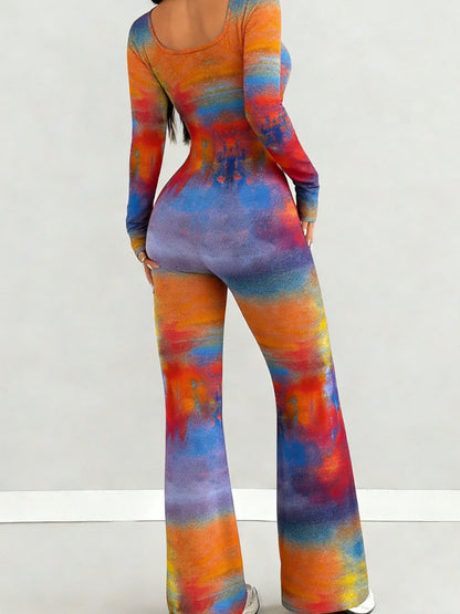 Women'S Jumpsuit | Sexy Hot Outfit, Loose U-Neck Cut, Slim Fit, Tie-Dye Gradient Print, Long Sleeve Design, Flared Leg Style, Suitable for Outdoor, Versatile Use, Fits Multiple Occasions & Seasons, Stretch Fabric