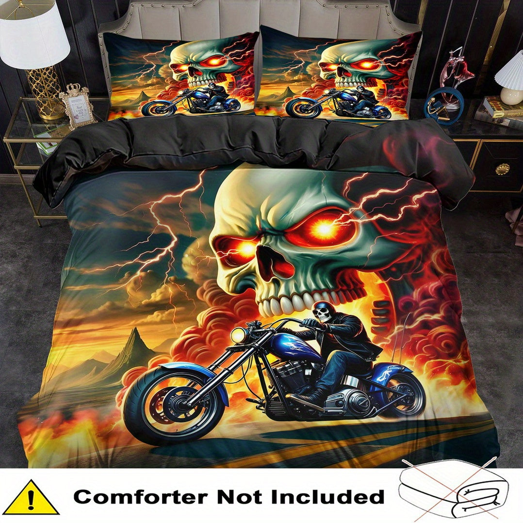 2/ 3pcs Quilt Cover Set, Motorcycle Skeleton Print Duvet Cover Set, King Queen Style Bedding Set, Polyester Machine Washable, Quilt Decoration, Bedroom Guest Room, Birthday Gift (Includes 1 Duvet Cover + 1 or 2 Pillowcases, N