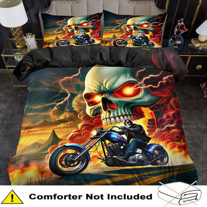 2/ 3pcs Quilt Cover Set, Motorcycle Skeleton Print Duvet Cover Set, King Queen Style Bedding Set, Polyester Machine Washable, Quilt Decoration, Bedroom Guest Room, Birthday Gift (Includes 1 Duvet Cover + 1 or 2 Pillowcases, N