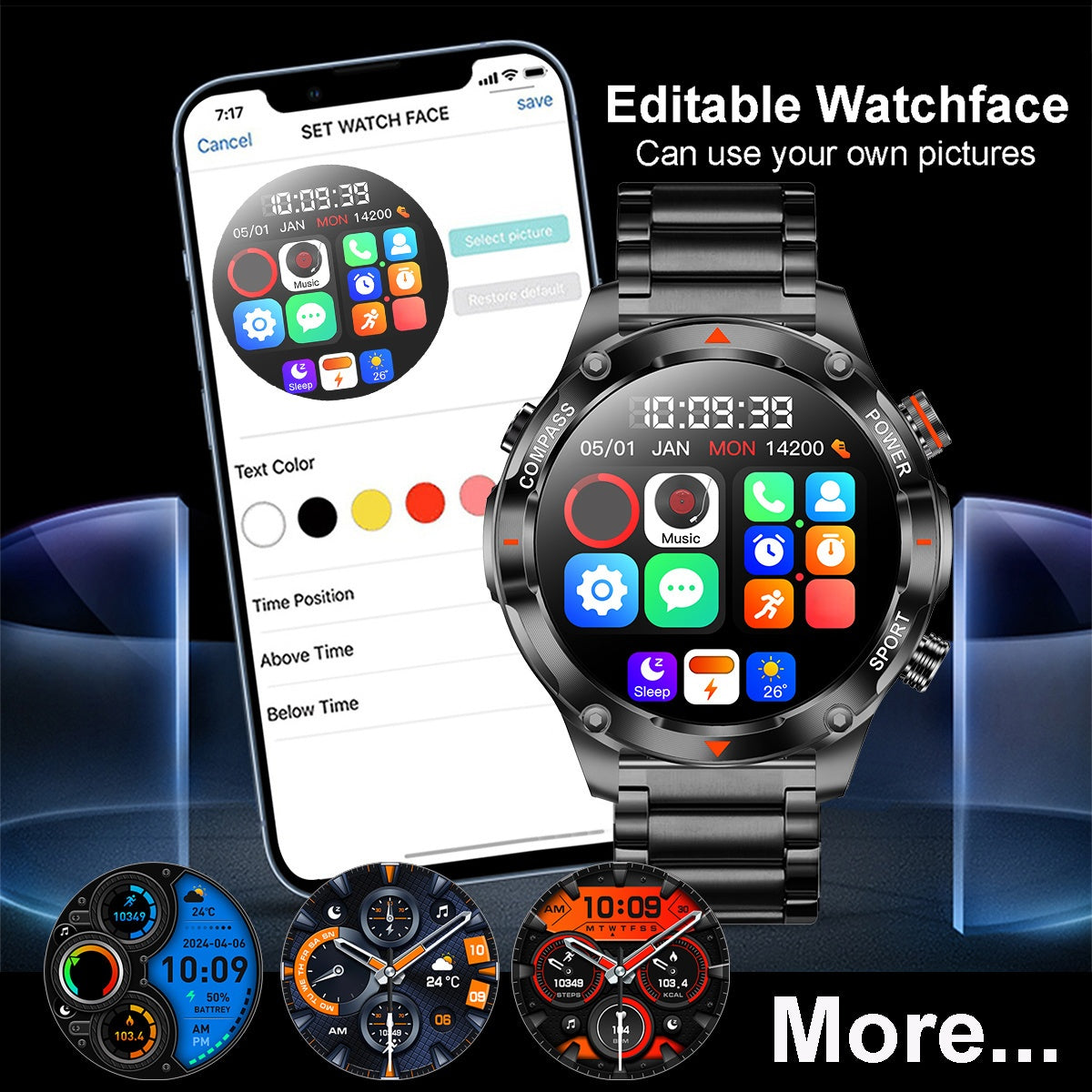 COIUSOR Smart Watch with 1000mAh Long Battery Life, High Quality, 1.46" HD Screen, Wireless 5.0, Built-in Flashlight, Wireless Calling, Step/Distance/Calorie Tracker, -like Navigation, Music Control & Smart Alarm - / Compatib