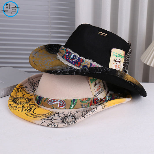 Wide Brim Cowboy Hat with Webbing Feather Decoration - Spray Painted Gradient Design, Black & Yellow Floral Pattern, Stylish & Versatile for Casual or Formal Events, Cowboy Accessories, Event Headwear, Artistic Headgear, Dura