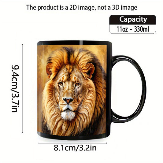 1pc Lion Design Mug - Elegant Lion Face Coffee Cup with Black Interior, 11oz Heavy-Duty Ceramic Cup for Hot/Cold Drinks, Birthday/Anniversary Gifts, Home, Office, or Kitchen - Lion Lovers Gift (Men & Women) - Durable & Easy-C