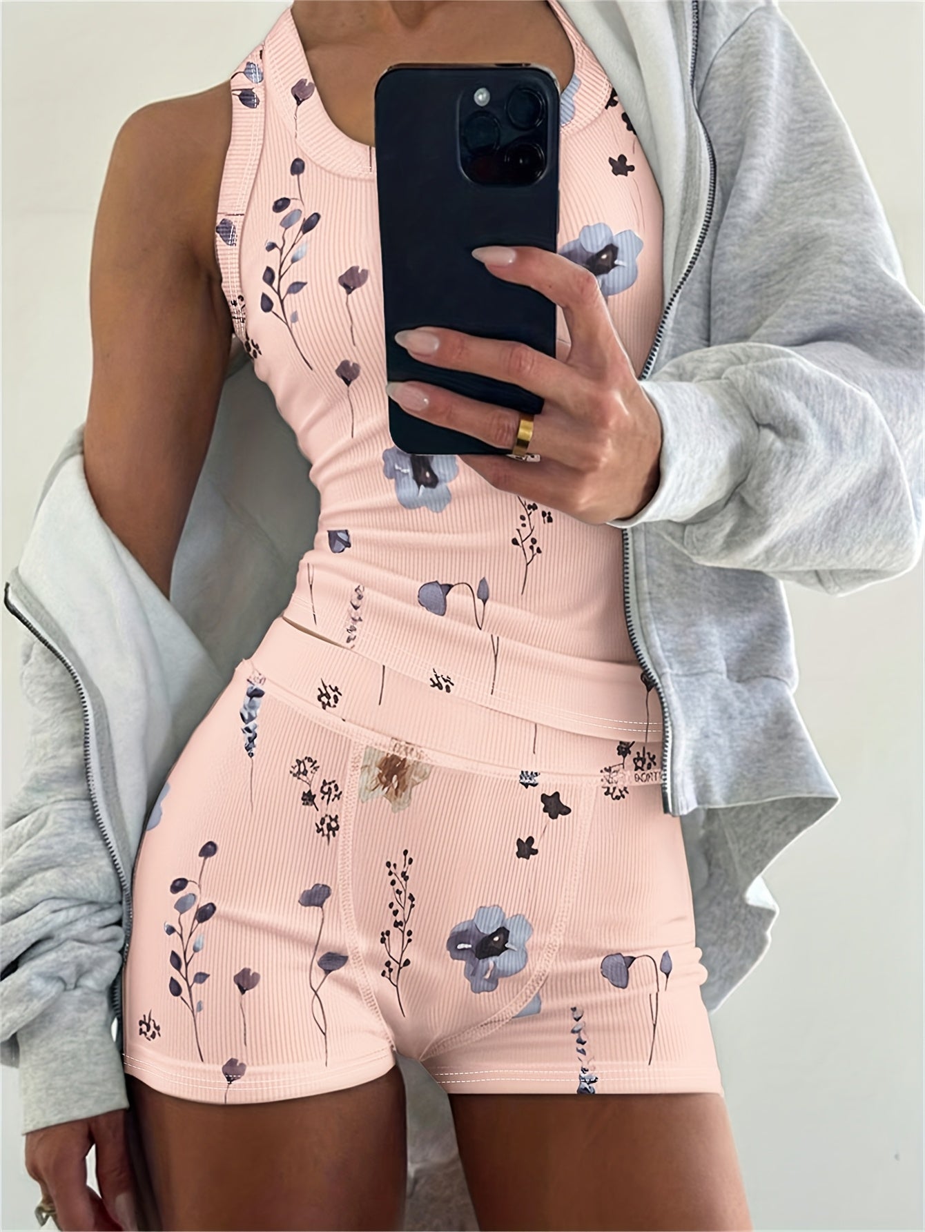 2pcs Outfit Floral Print U-Neck Tank Top And Elastic Waist Shorts Set Slim Fit Ribbed Set
